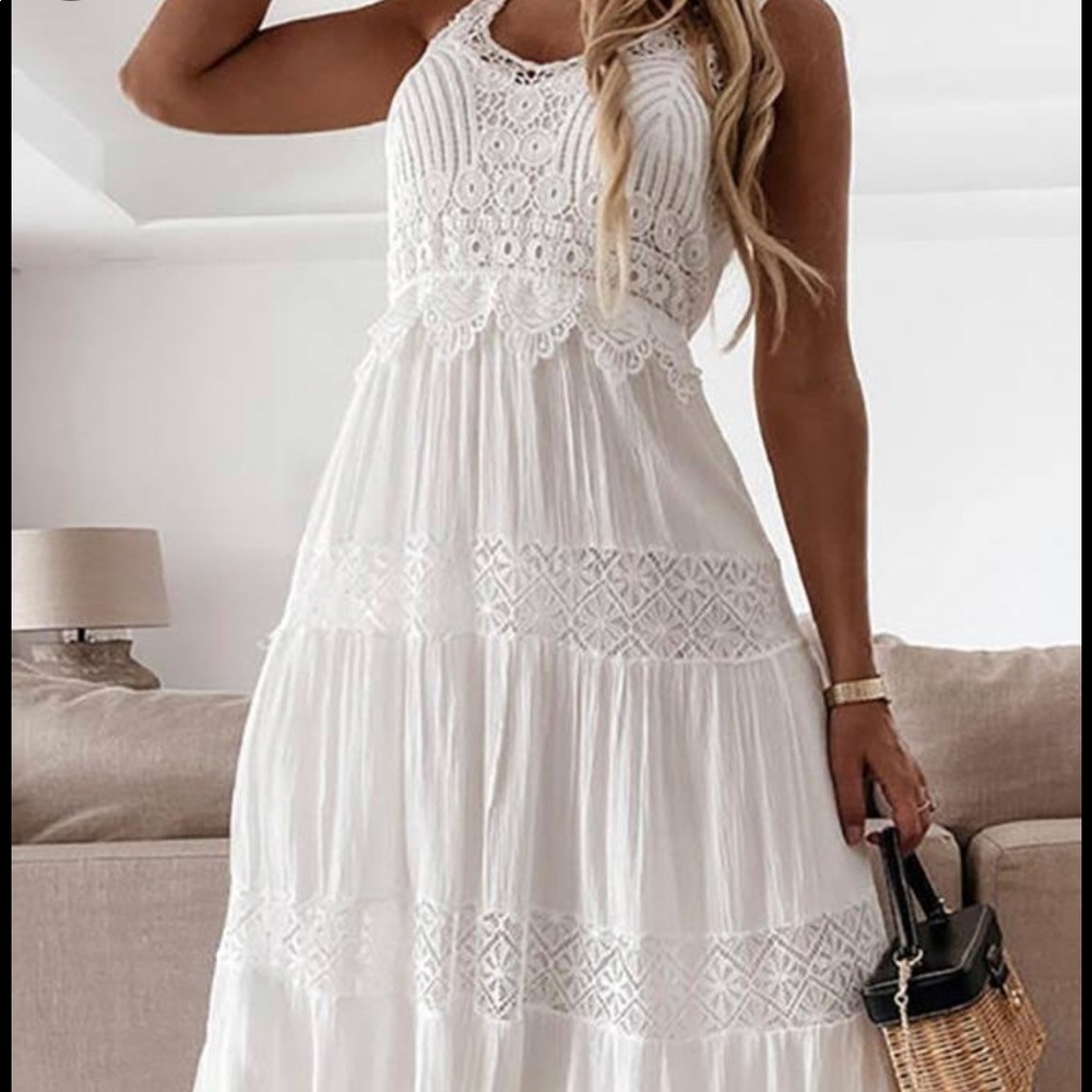 Grecian style embroidered white maxi dress.